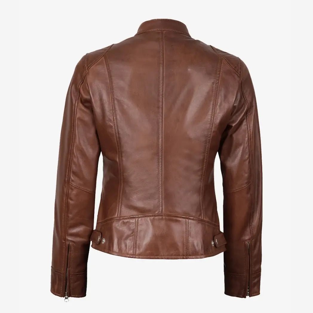 Women's Cognac Waxed Real Leather Biker Style Jacket