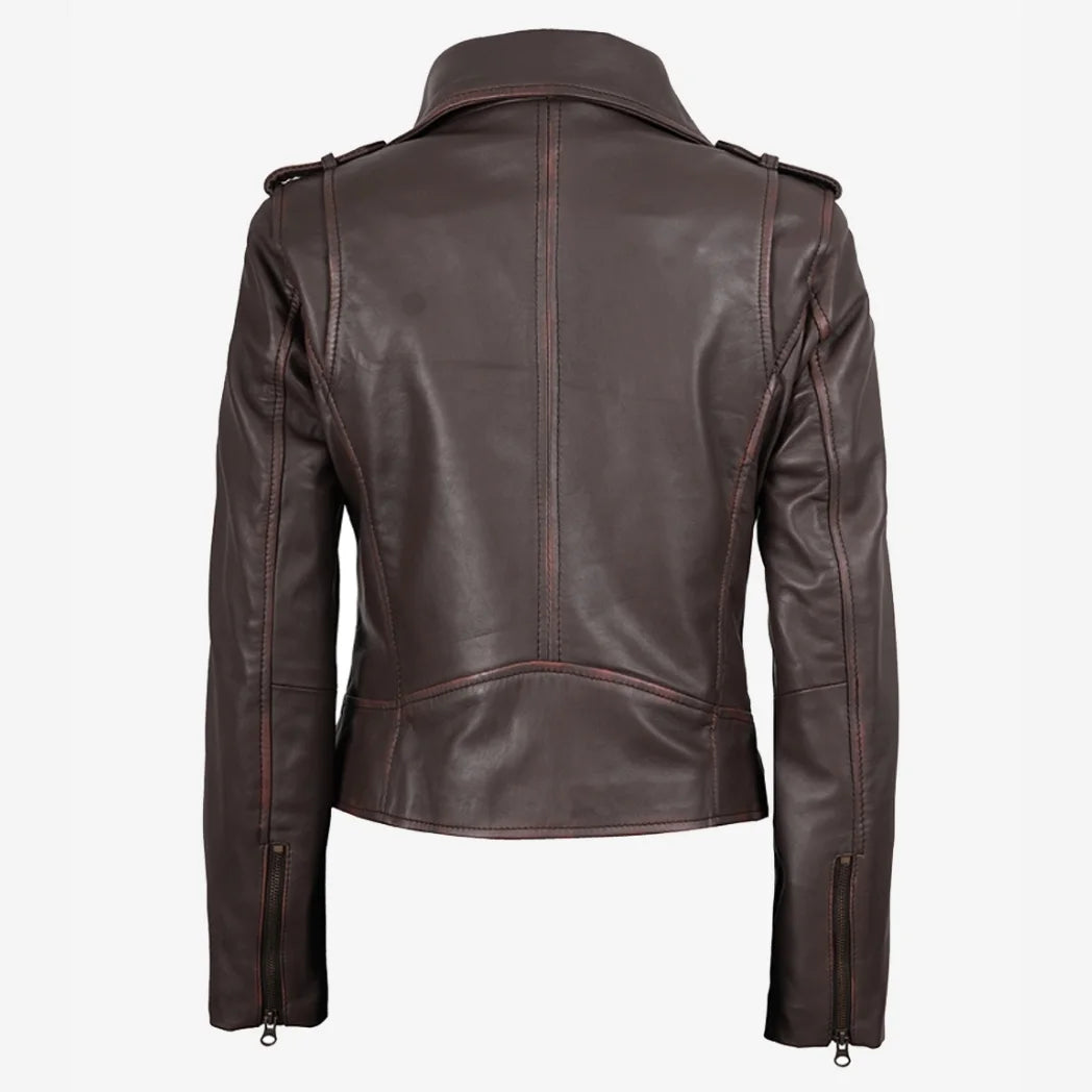 Women's Dark Brown Asymmetrical Biker Style Leather Jacket