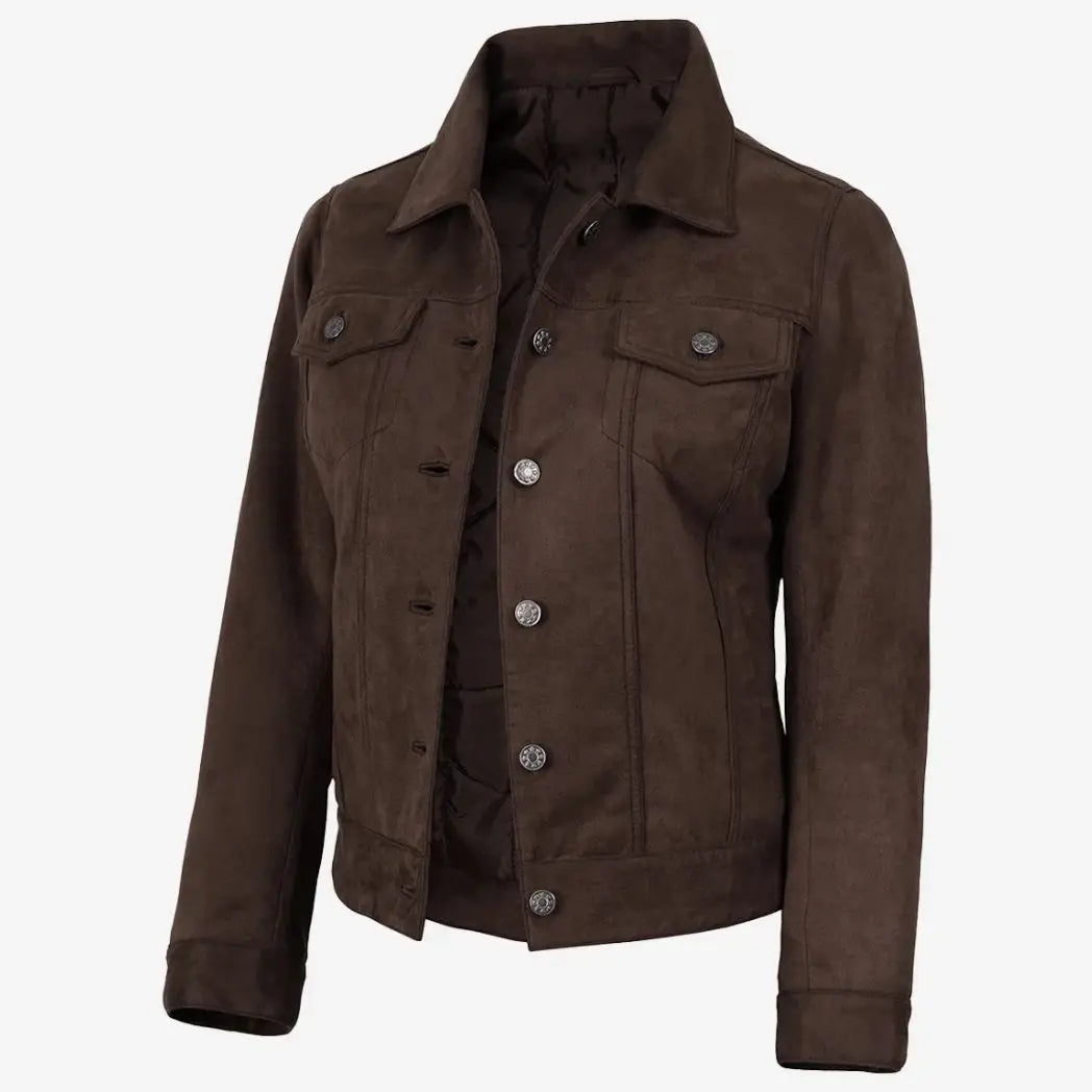 Women's Dark Brown Faux Suede Trucker Jacket