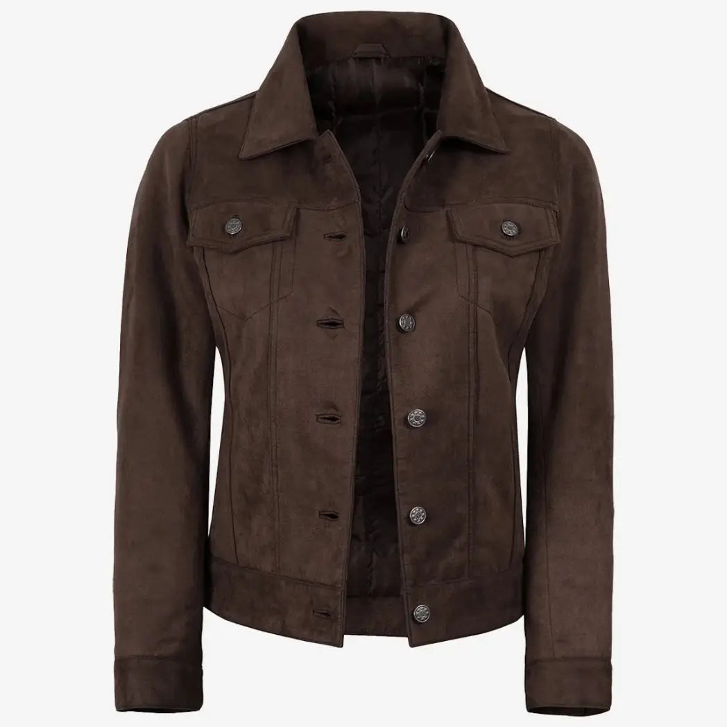 Women's Dark Brown Faux Suede Trucker Jacket