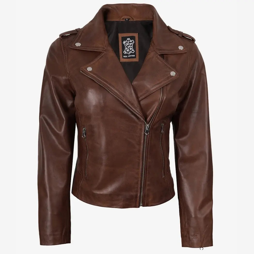 Women's Distressed Asymmetrical Cognac Biker Style Leather Jacket