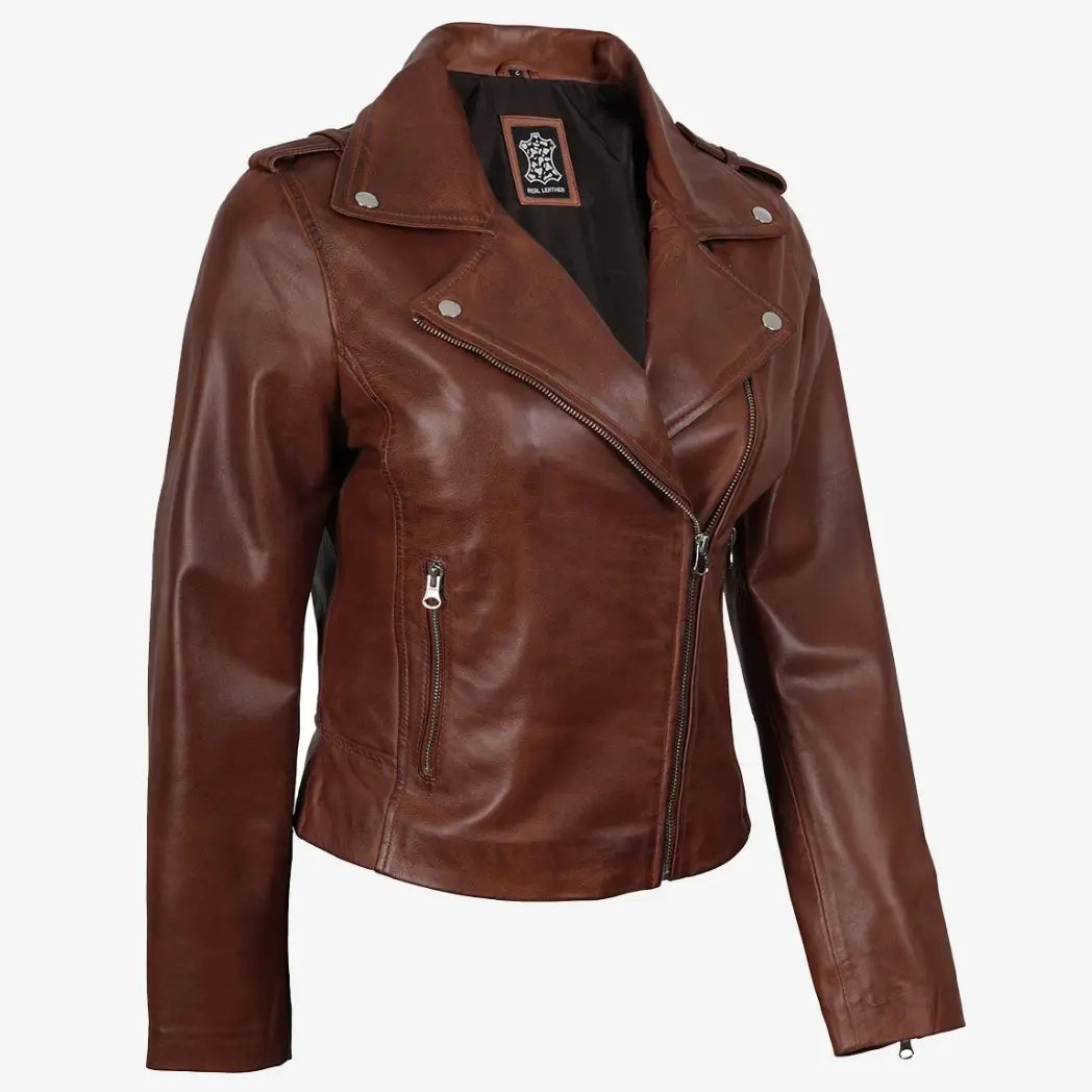 Women's Distressed Asymmetrical Cognac Biker Style Leather Jacket