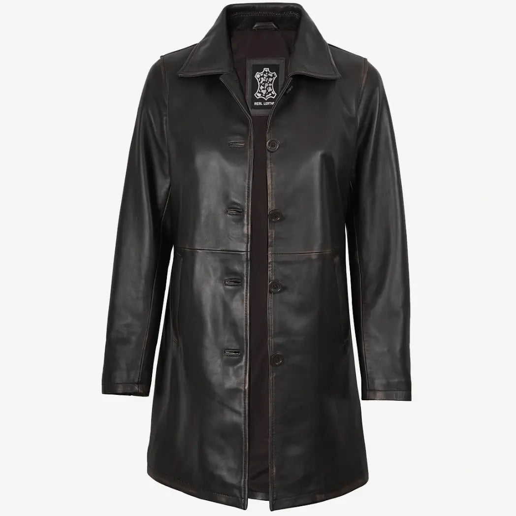 Women's Distressed Brown 3/4 Length Lambskin Leather Coat