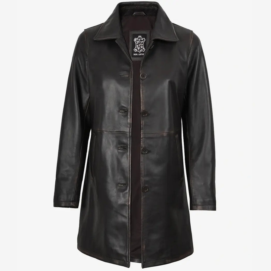 Women's Distressed Brown 3/4 Length Lambskin Leather Coat