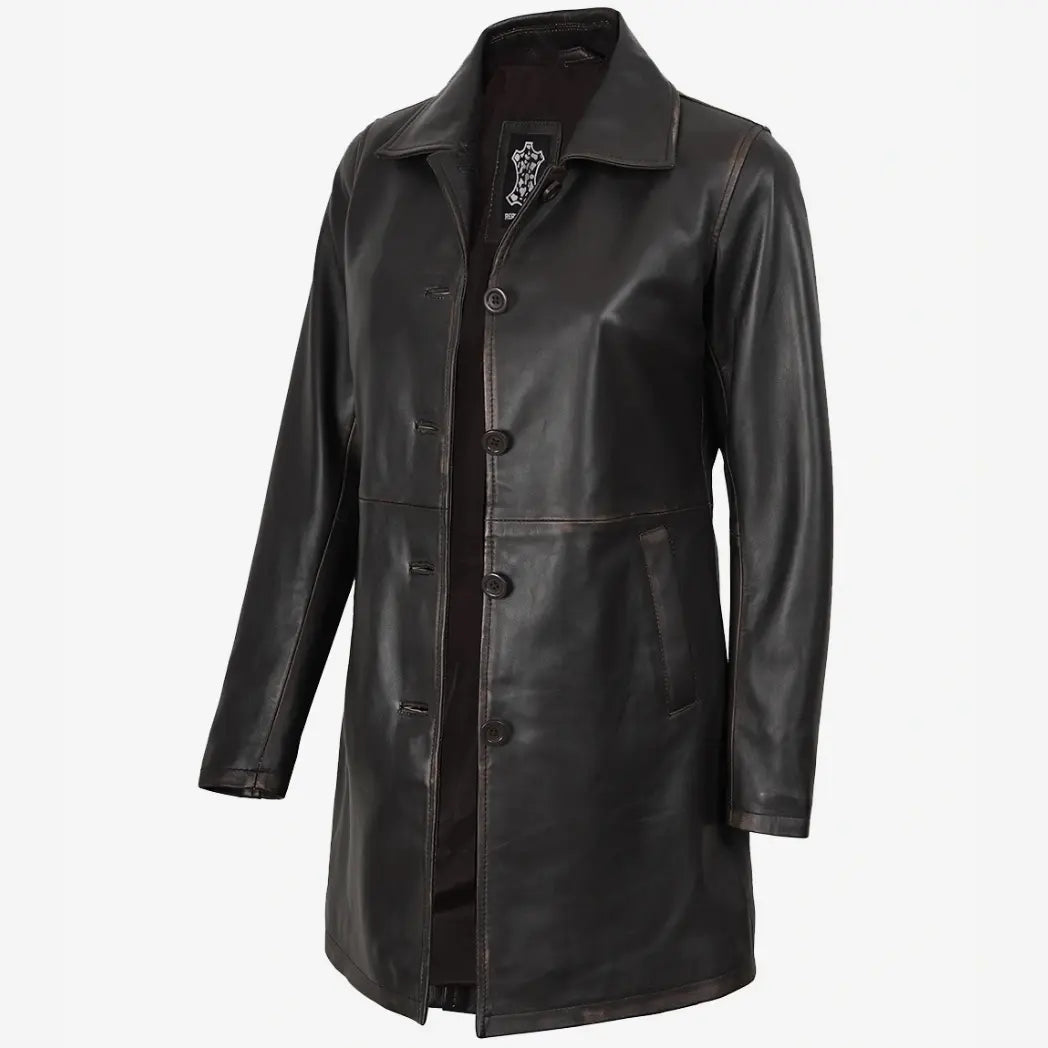 Women's Distressed Brown 3/4 Length Lambskin Leather Coat