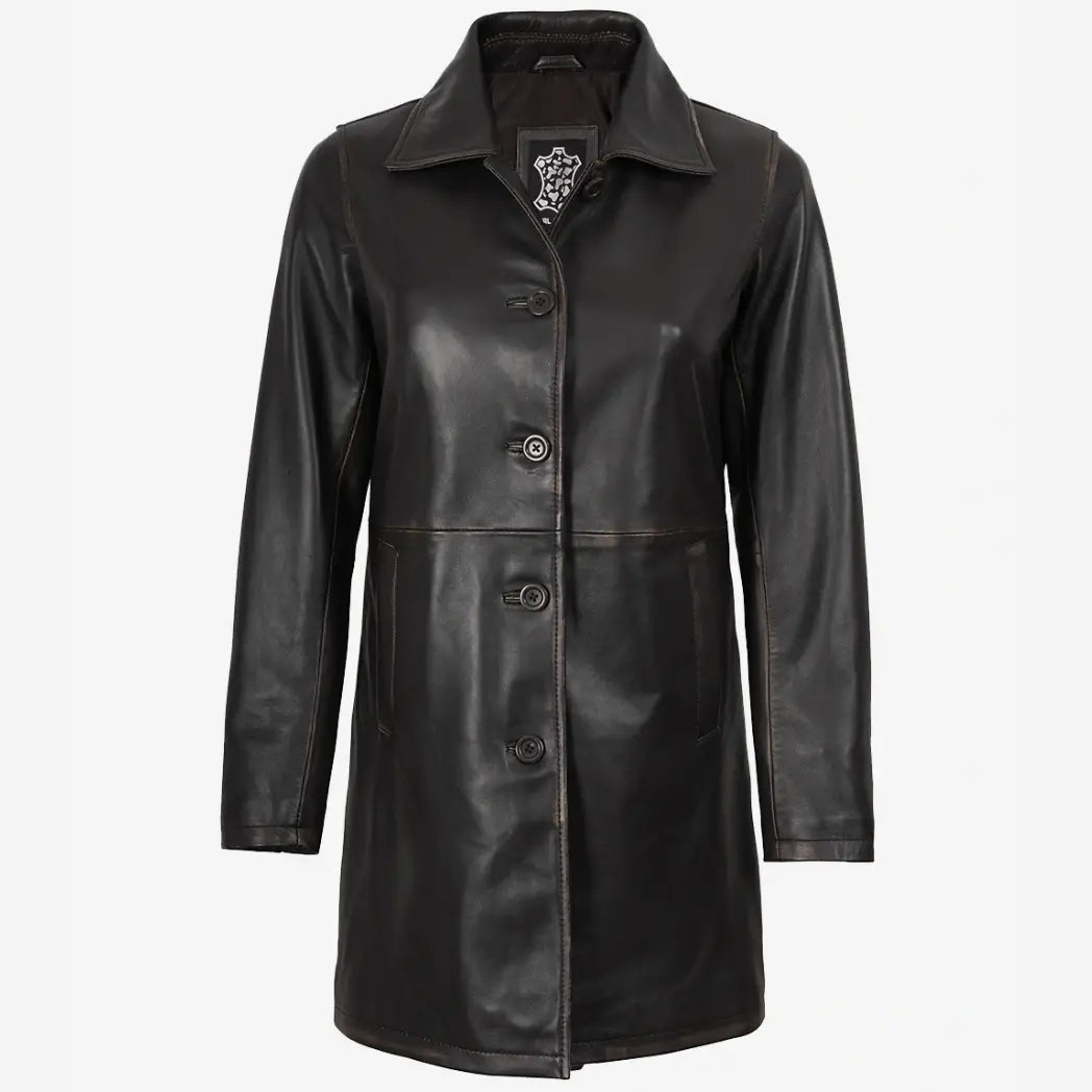 Women's Distressed Brown 3/4 Length Lambskin Leather Coat
