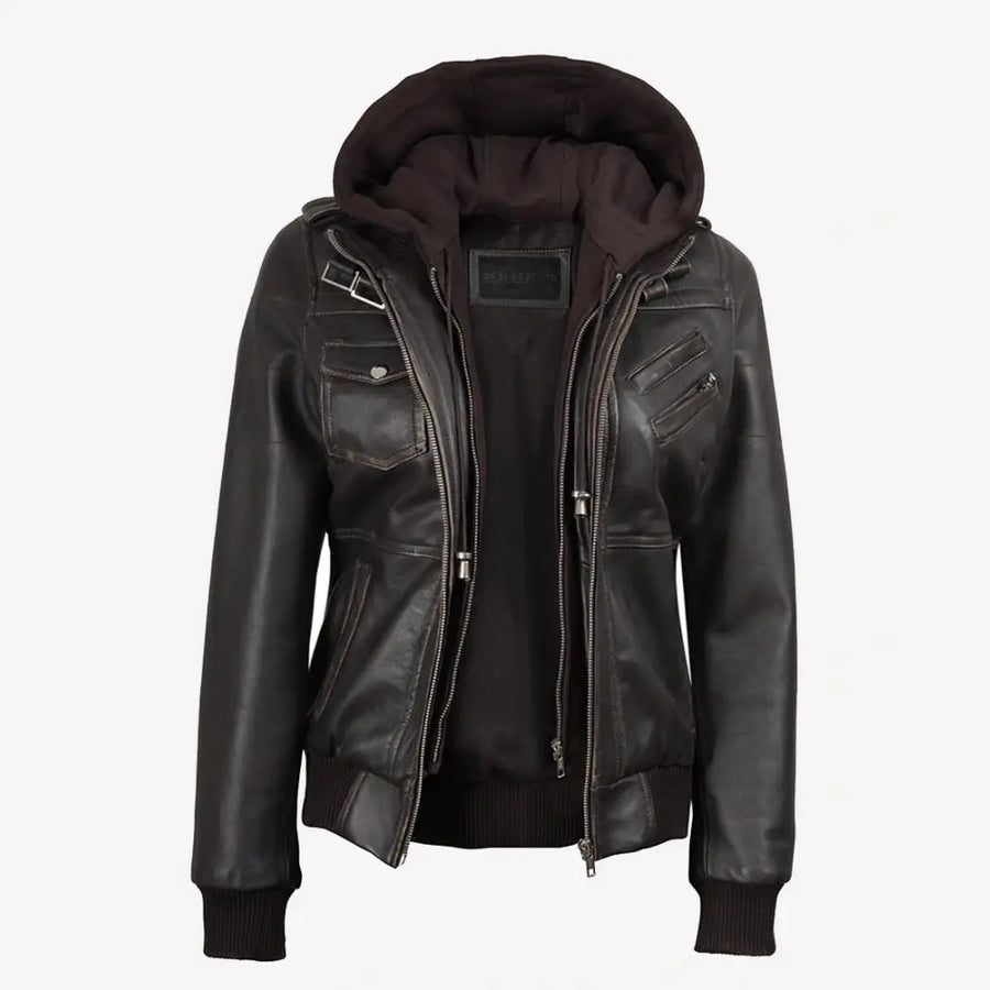 Women's Distressed Brown Bomber Leather Jacket with Removable Hooded