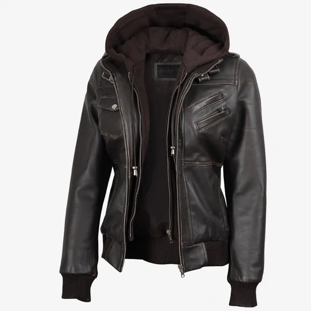 Women's Distressed Brown Bomber Leather Jacket with Removable Hooded