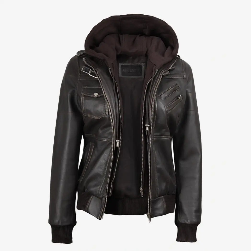 Women's Distressed Brown Bomber Leather Jacket with Removable Hooded