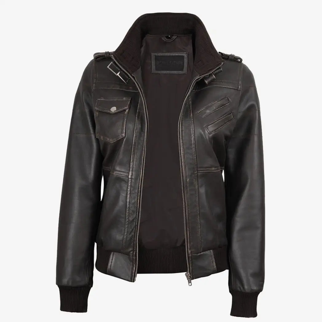 Women's Distressed Brown Bomber Leather Jacket with Removable Hooded