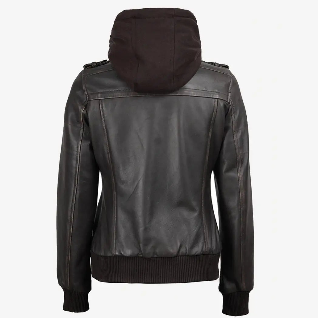 Women's Distressed Brown Bomber Leather Jacket with Removable Hooded