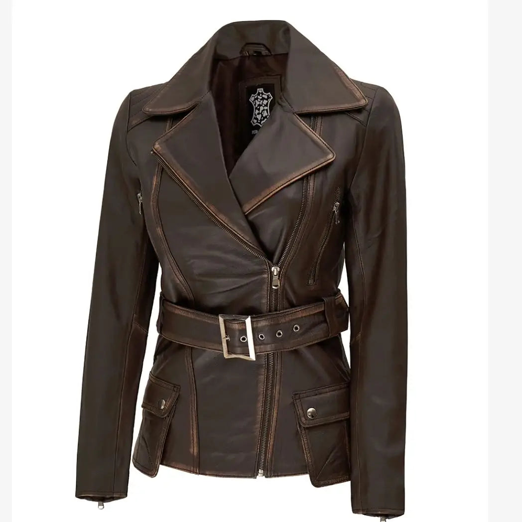 Women's Distressed Brown Long Biker Style Real Leather Jacket