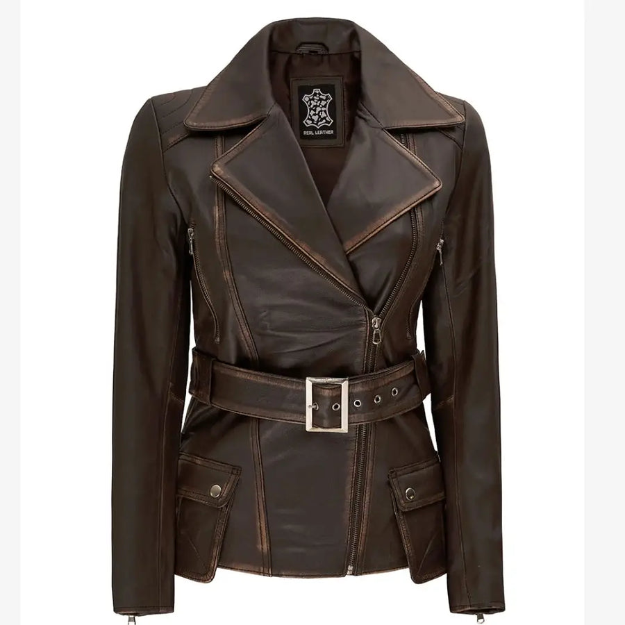 Women's Distressed Brown Long Biker Style Real Leather Jacket