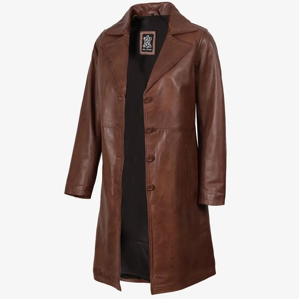 Women's Mid Length Cognac Waxed Real Lambskin Leather Coat