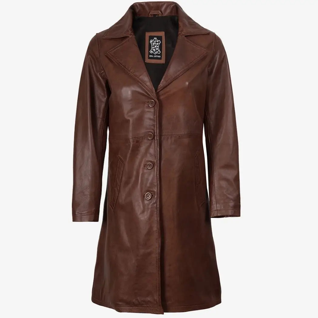 Women's Mid Length Cognac Waxed Real Lambskin Leather Coat