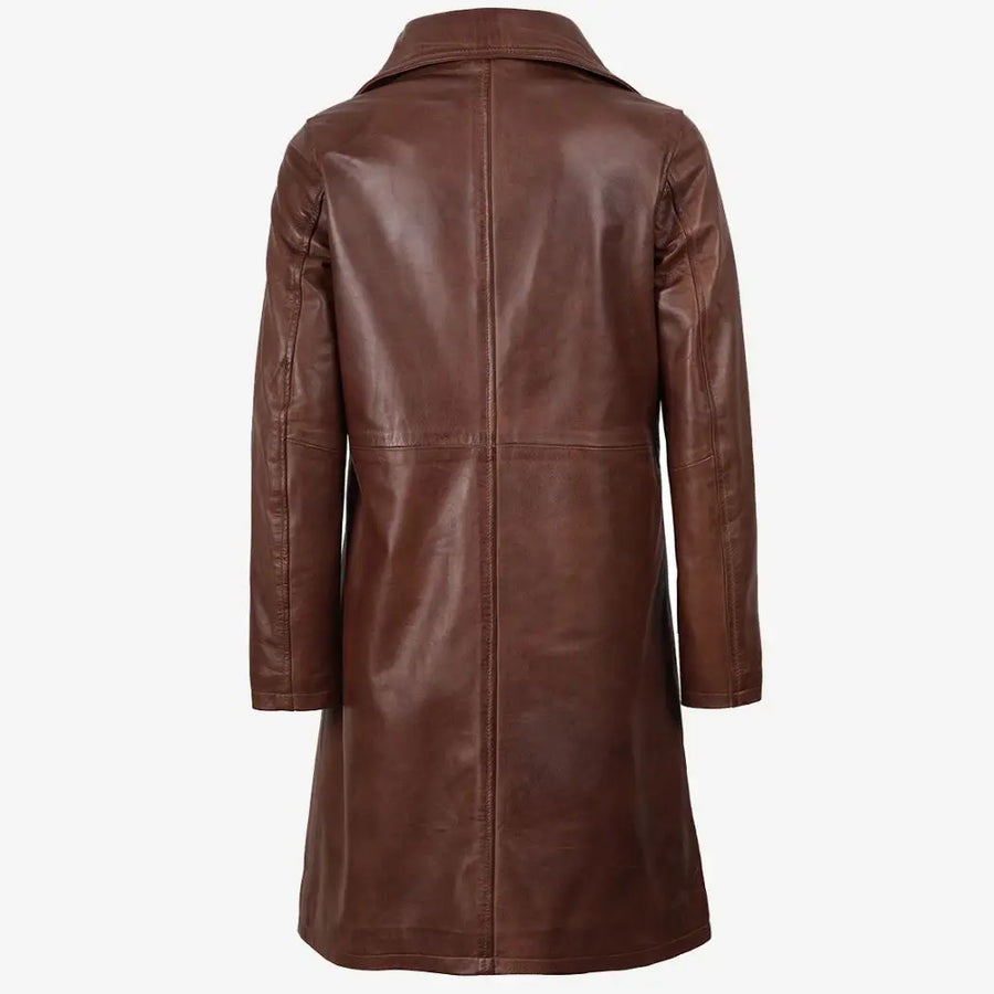 Women's Mid Length Cognac Waxed Real Lambskin Leather Coat
