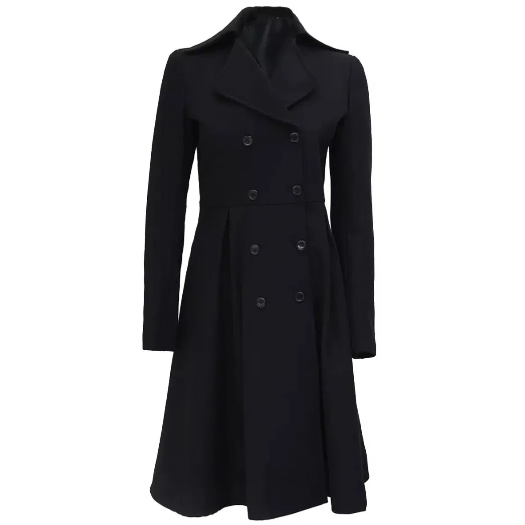 Women's Double Breasted Black Wool Trench Coat