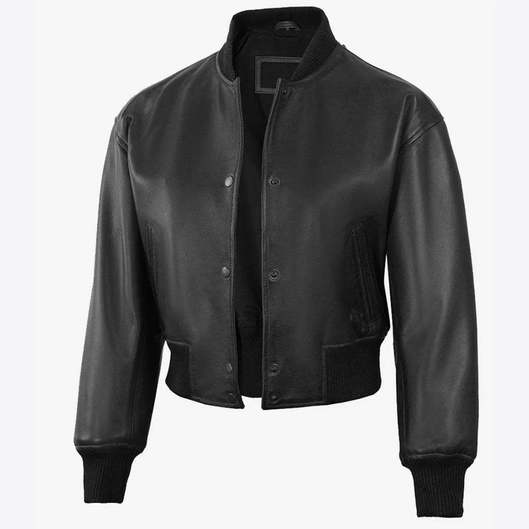 Women's Drop Shoulder Black Cropped Style Bomber Leather Jacket