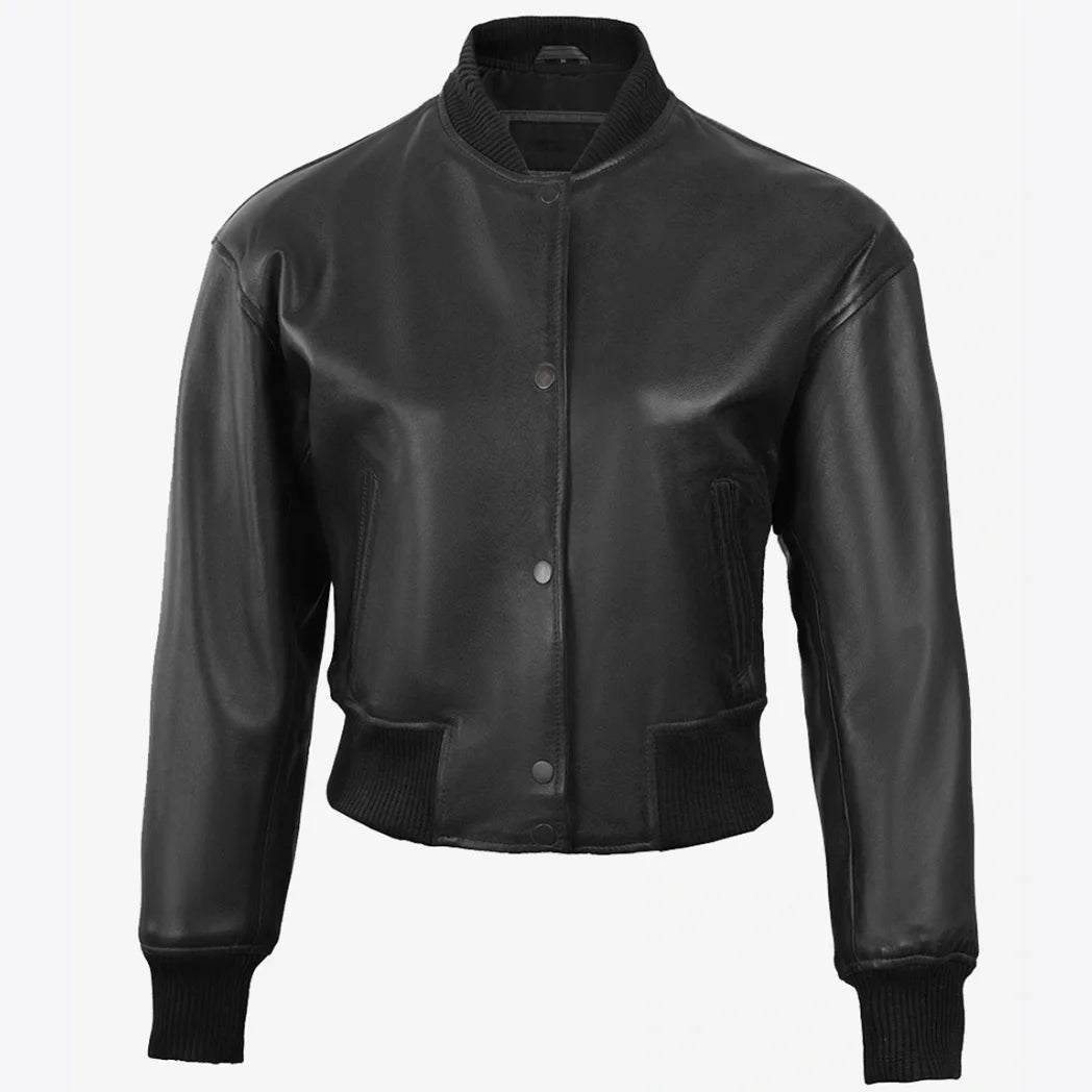 Women's Drop Shoulder Black Cropped Style Bomber Leather Jacket