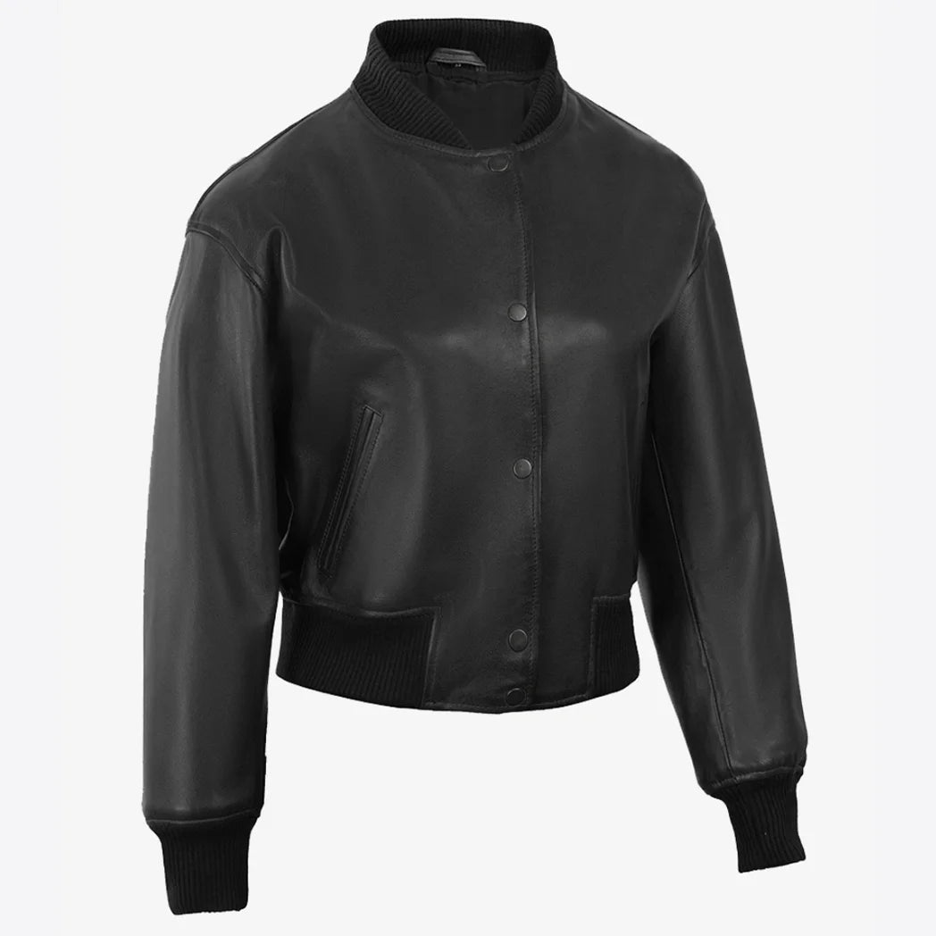 Women's Drop Shoulder Black Cropped Style Bomber Leather Jacket