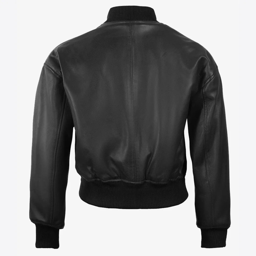 Women's Drop Shoulder Black Cropped Style Bomber Leather Jacket