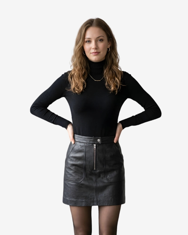 Women’s Genuine Black Leather A-Line Mini Skirt