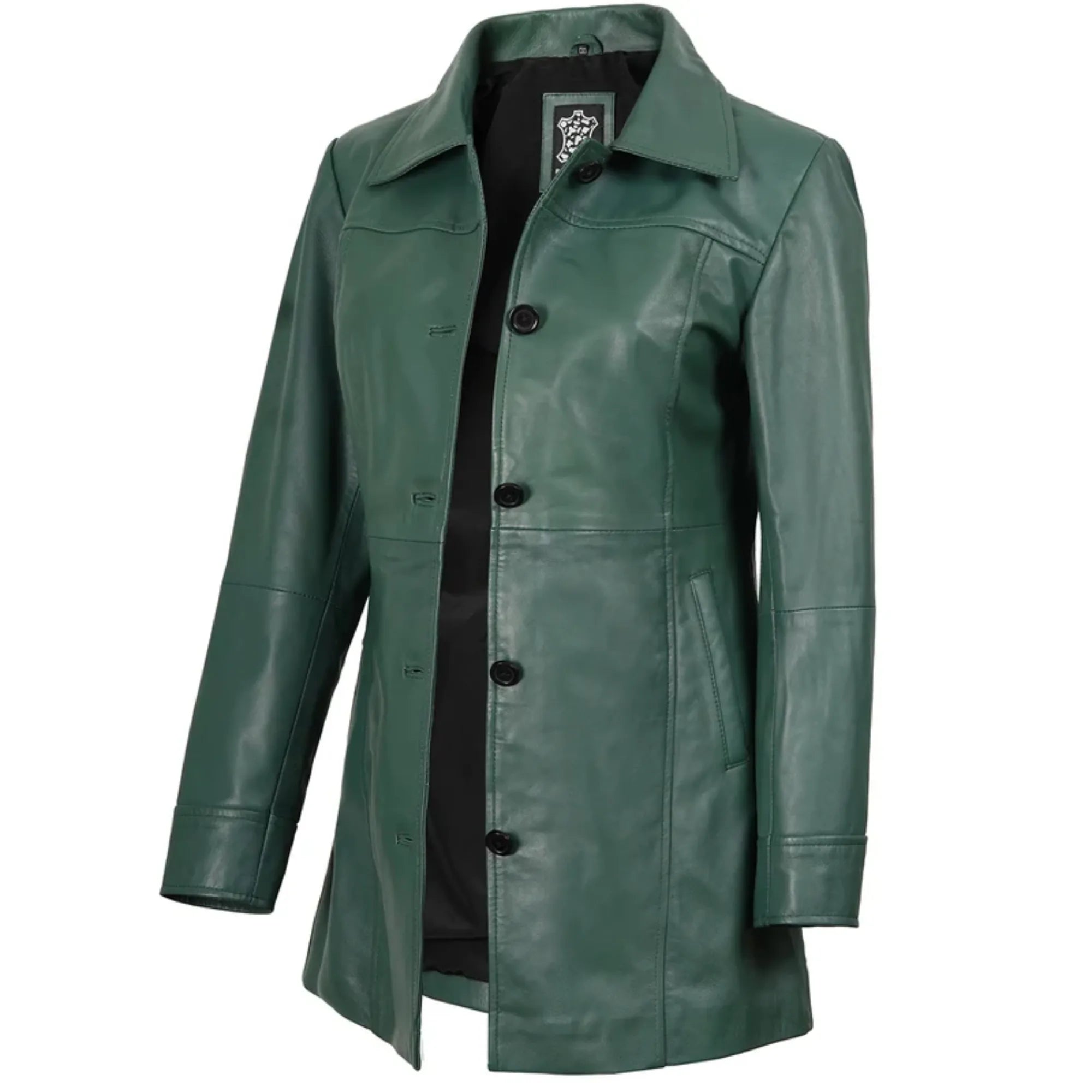 Women's Green Real Leather 3/4 Length Car Coat