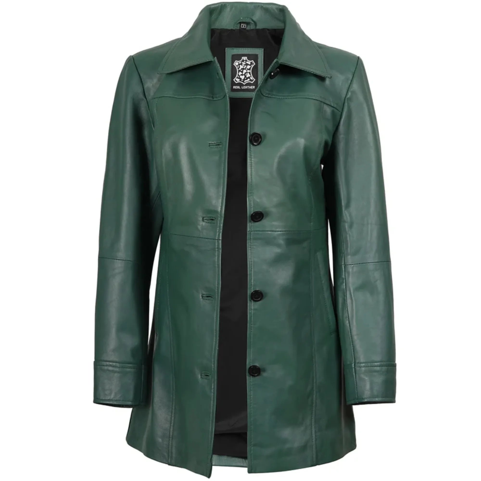 Women's Green Real Leather 3/4 Length Car Coat