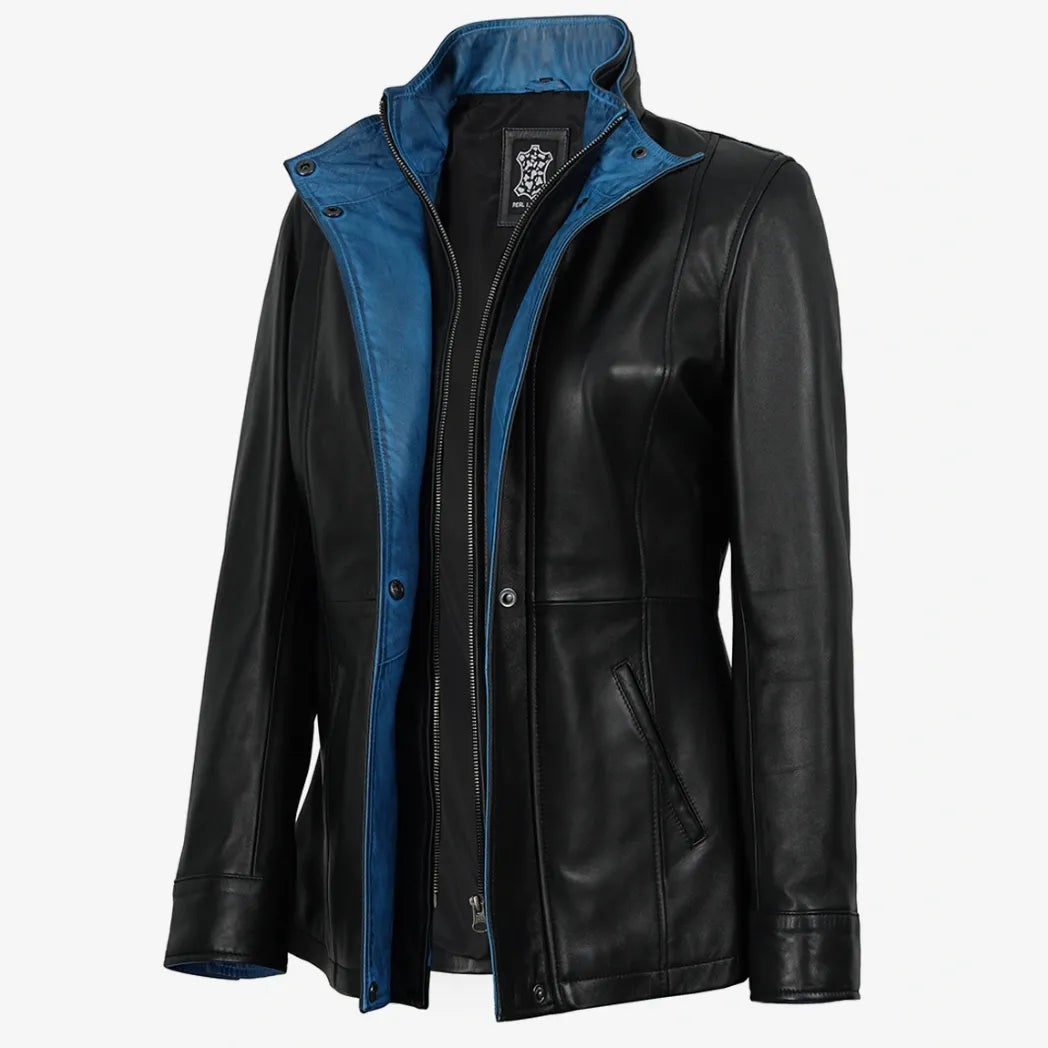 Women's High-Collar Black Leather Jacket With Blue Details