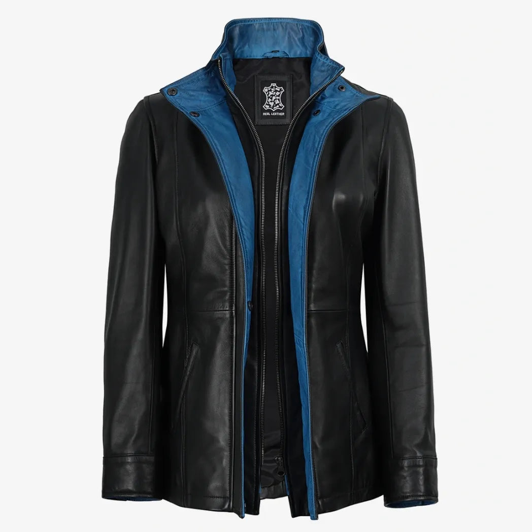 Women's High-Collar Black Leather Jacket With Blue Details