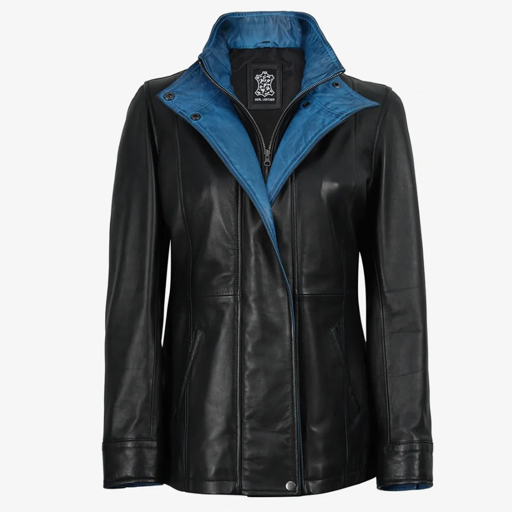 Women's High-Collar Black Leather Jacket With Blue Details