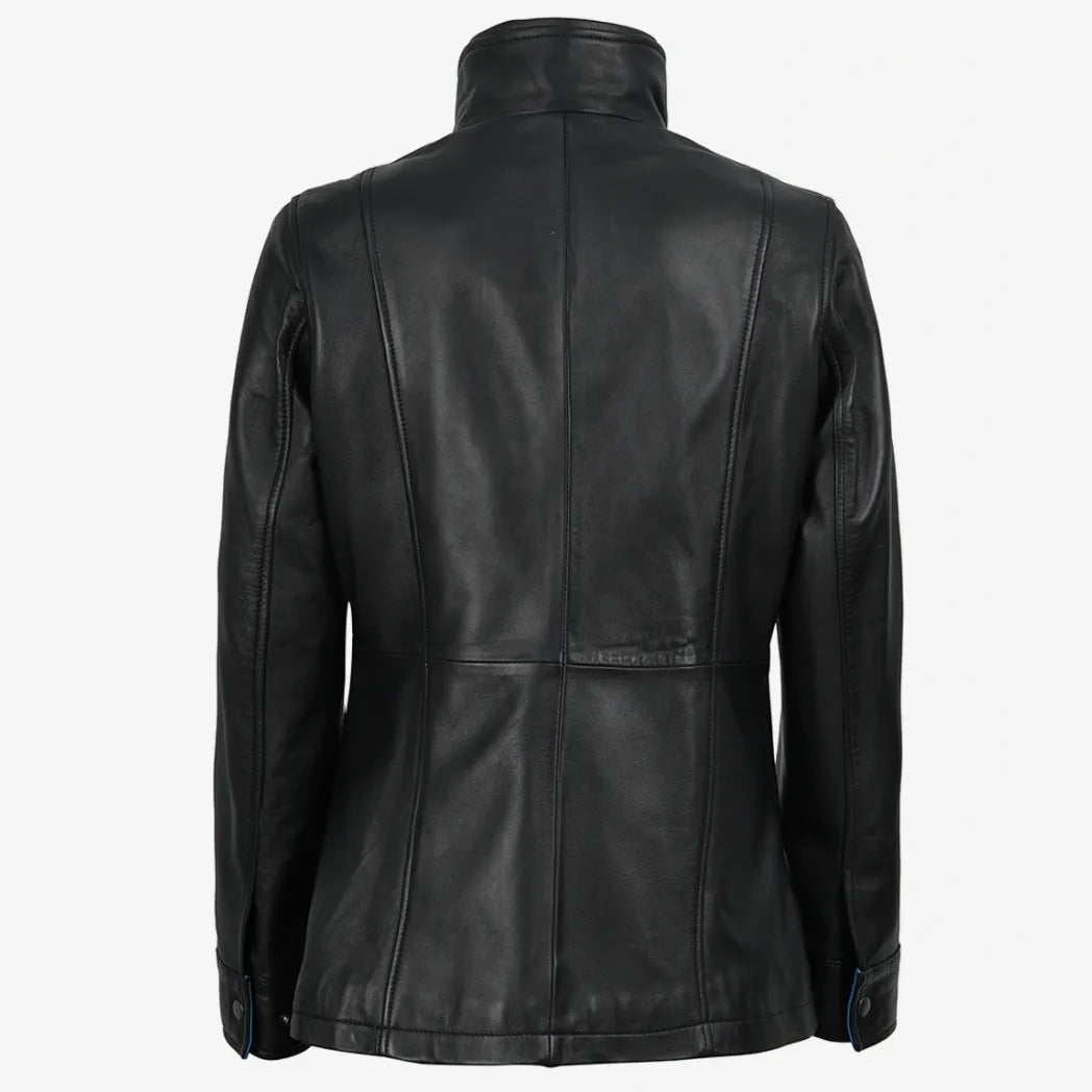 Women's High-Collar Black Leather Jacket With Blue Details