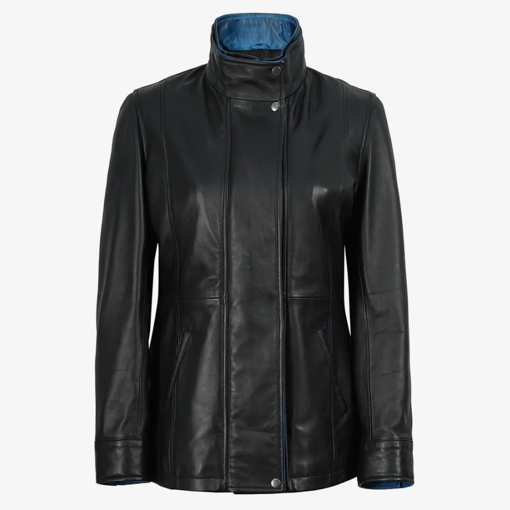 Women's High-Collar Black Leather Jacket With Blue Details