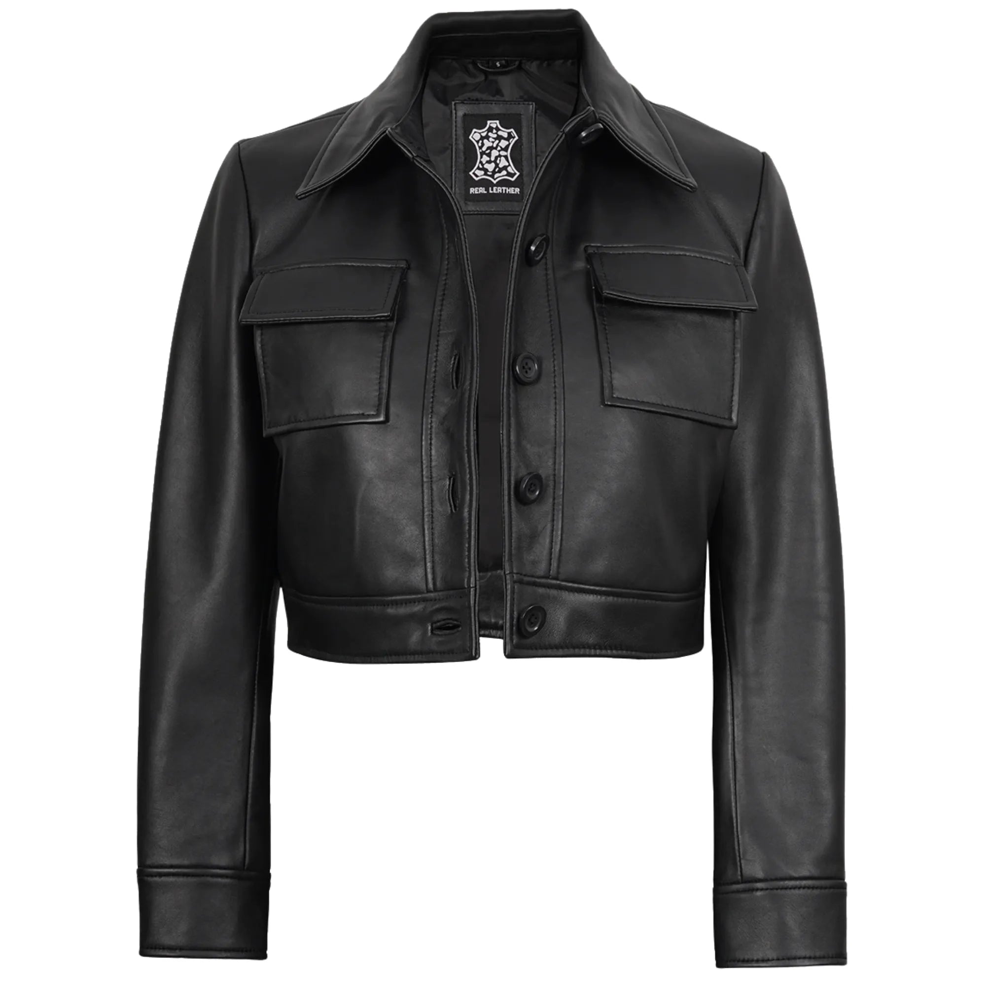 Women's Leather Black Cropped Trucker Jacket