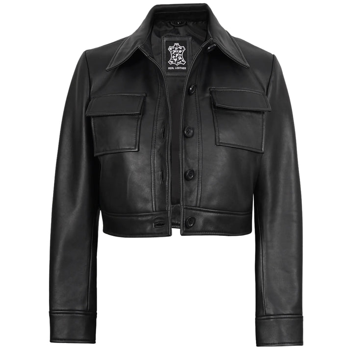 Women's Leather Black Cropped Trucker Jacket
