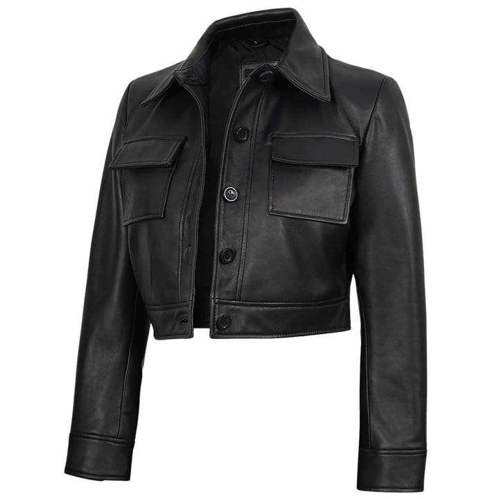 Women's Leather Black Cropped Trucker Jacket
