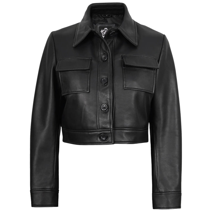 Women's Leather Black Cropped Trucker Jacket