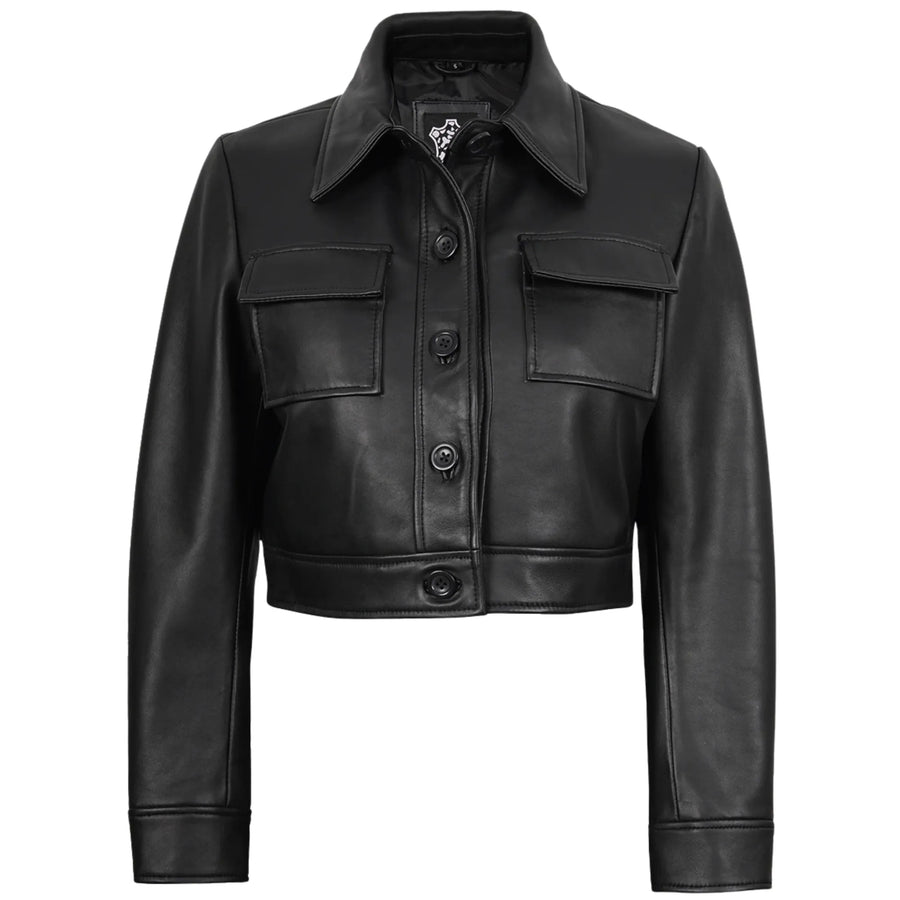 Women's Leather Black Cropped Trucker Jacket
