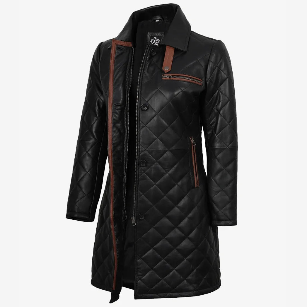 Women's Leather Black Quilted Car Coat with Brown Detailing