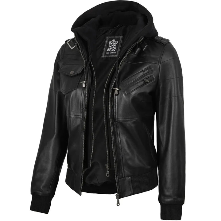 Women’s Leather Bomber Black Jacket with Removable Hood