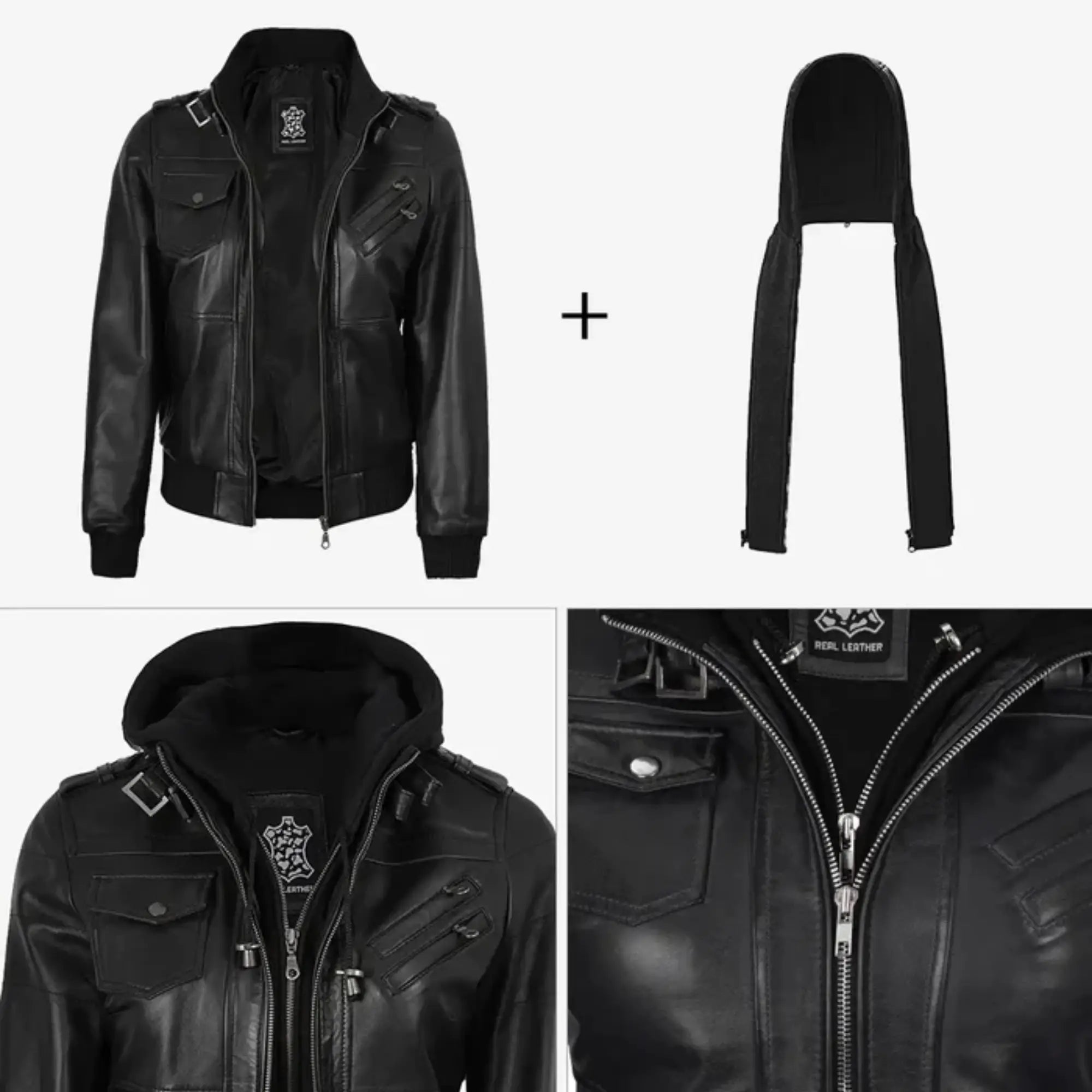 Women’s Leather Bomber Black Jacket with Removable Hood