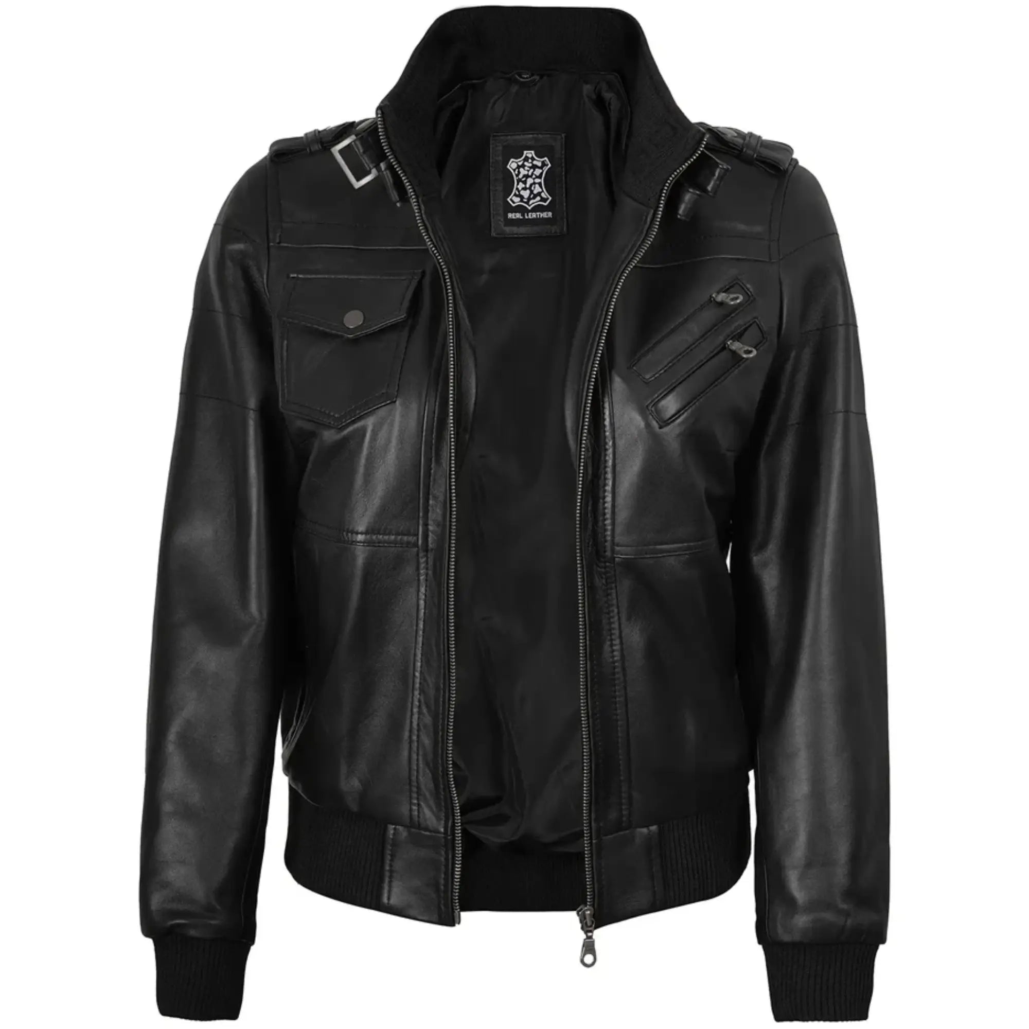 Women’s Leather Bomber Black Jacket with Removable Hood