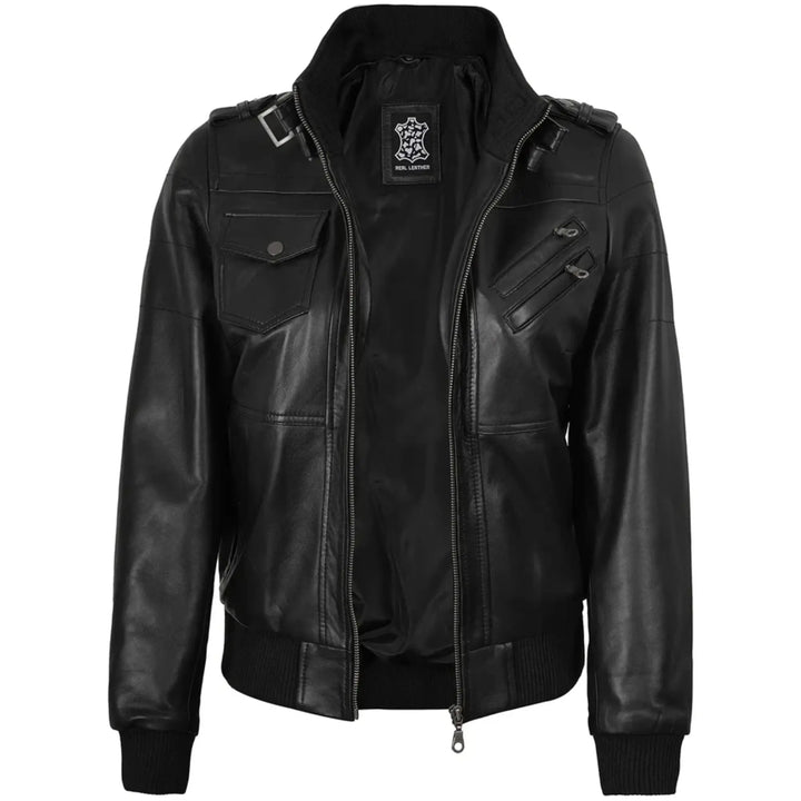 Women’s Leather Bomber Black Jacket with Removable Hood