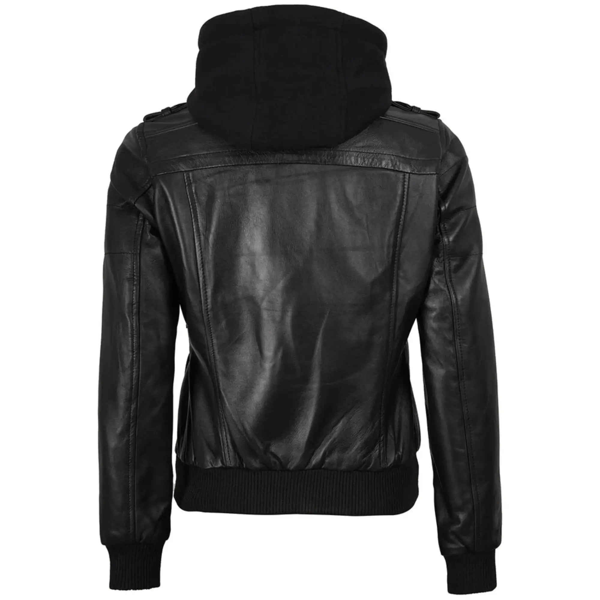 Women’s Leather Bomber Black Jacket with Removable Hood