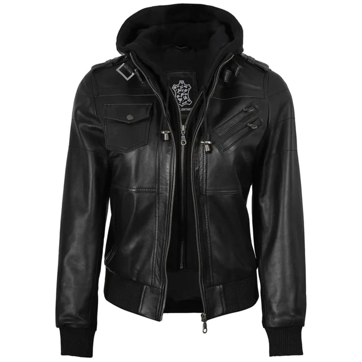 Women’s Leather Bomber Black Jacket with Removable Hood