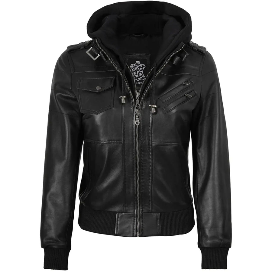 Womens Leather Bomber Black Jacket with Removable Hood