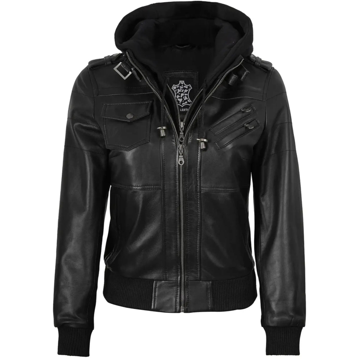 Women’s Leather Bomber Black Jacket with Removable Hood