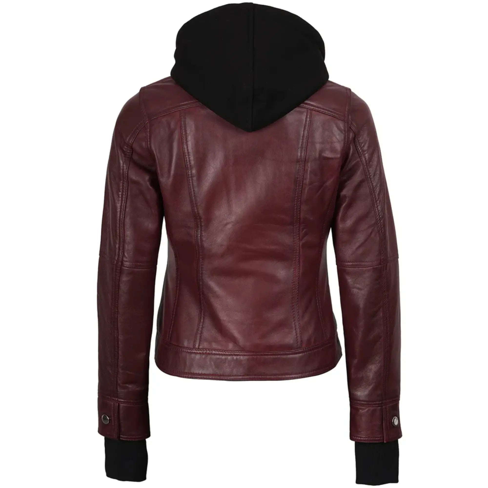 Womens Leather Bomber Burgundy Jacket with Removable Hood