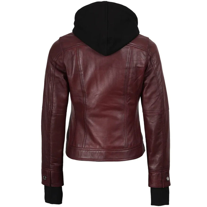 Womens Leather Bomber Burgundy Jacket with Removable Hood
