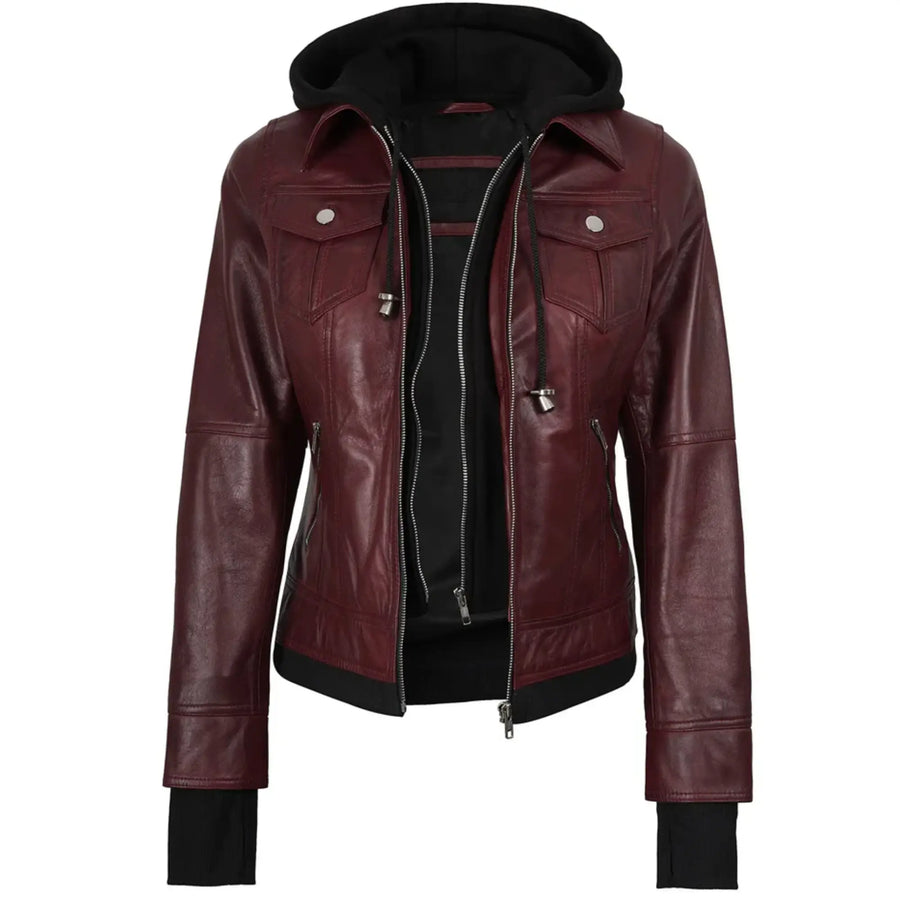 Womens Leather Bomber Burgundy Jacket with Removable Hood